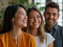 Diverse team members collaborating happily
